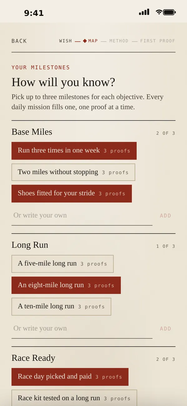 Choose your milestones screen