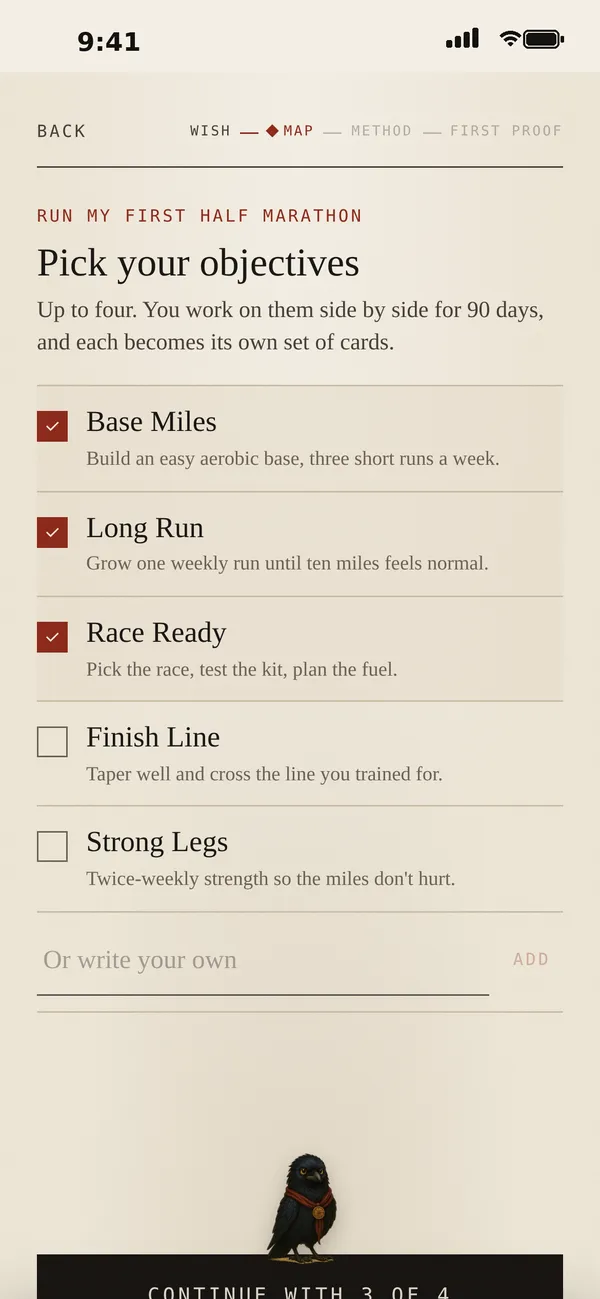 Pick your objectives screen
